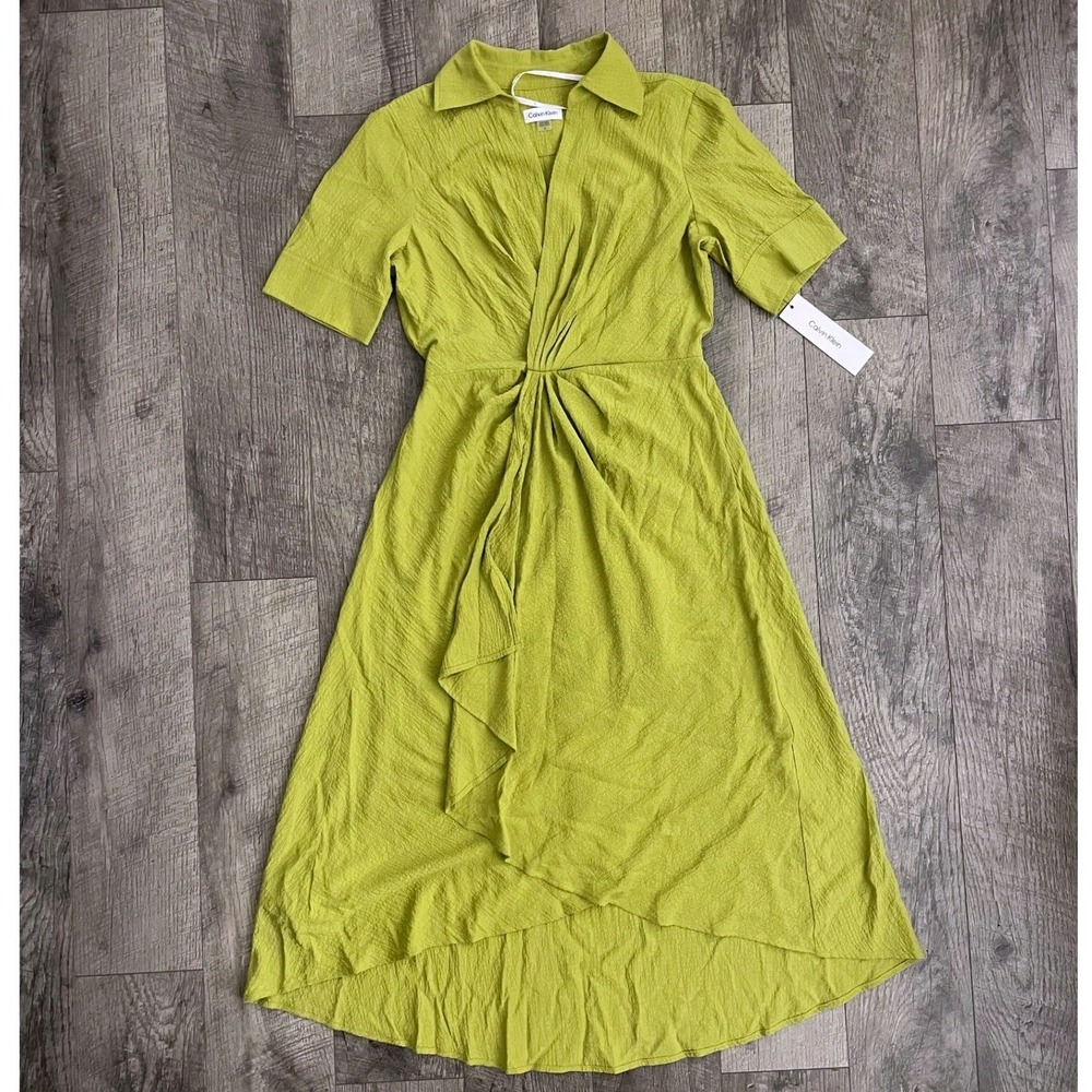 Calvin Klein Lime Green Twist Front High-Low Midi Dress CDBE1Y5T Size 8